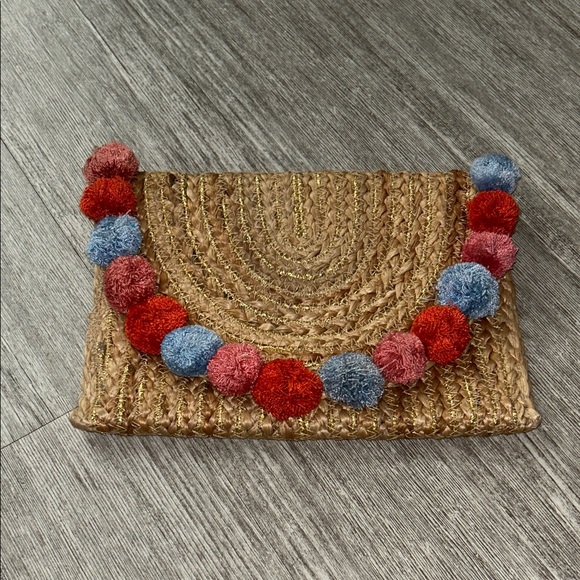 Handbags - Straw Clutch with Colorful Pom Poms